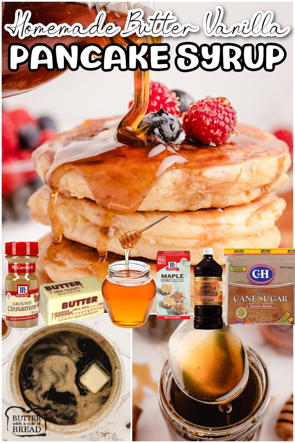 Our Vanilla Butter Pancake Syrup Recipe is SO much BETTER than store-bought! Fantastic warm buttery maple pancake syrup make with brown sugar, honey, butter and extracts. Simple recipe everyone adores!