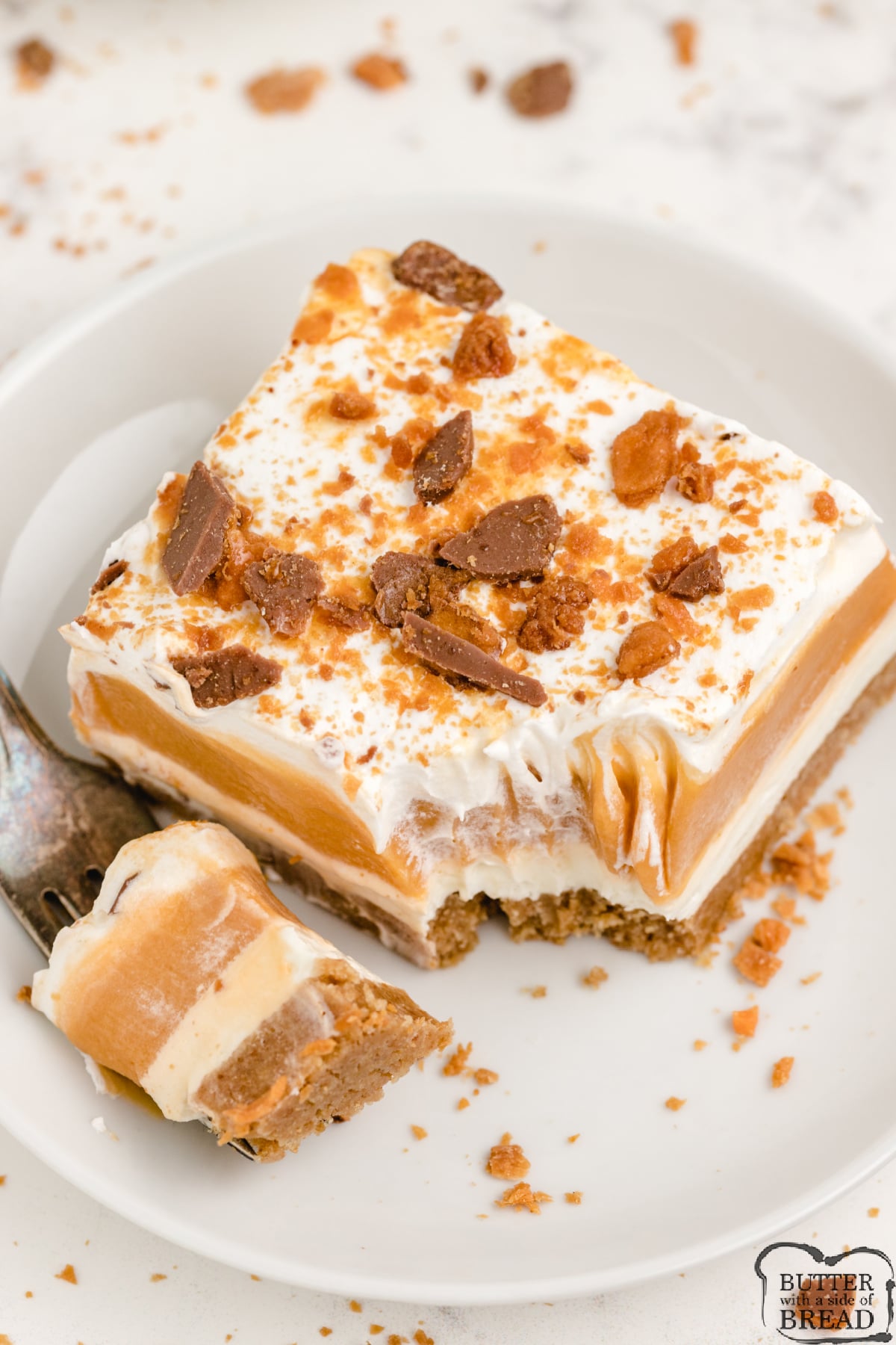 No Bake dessert made with butterscotch pudding and cream cheese