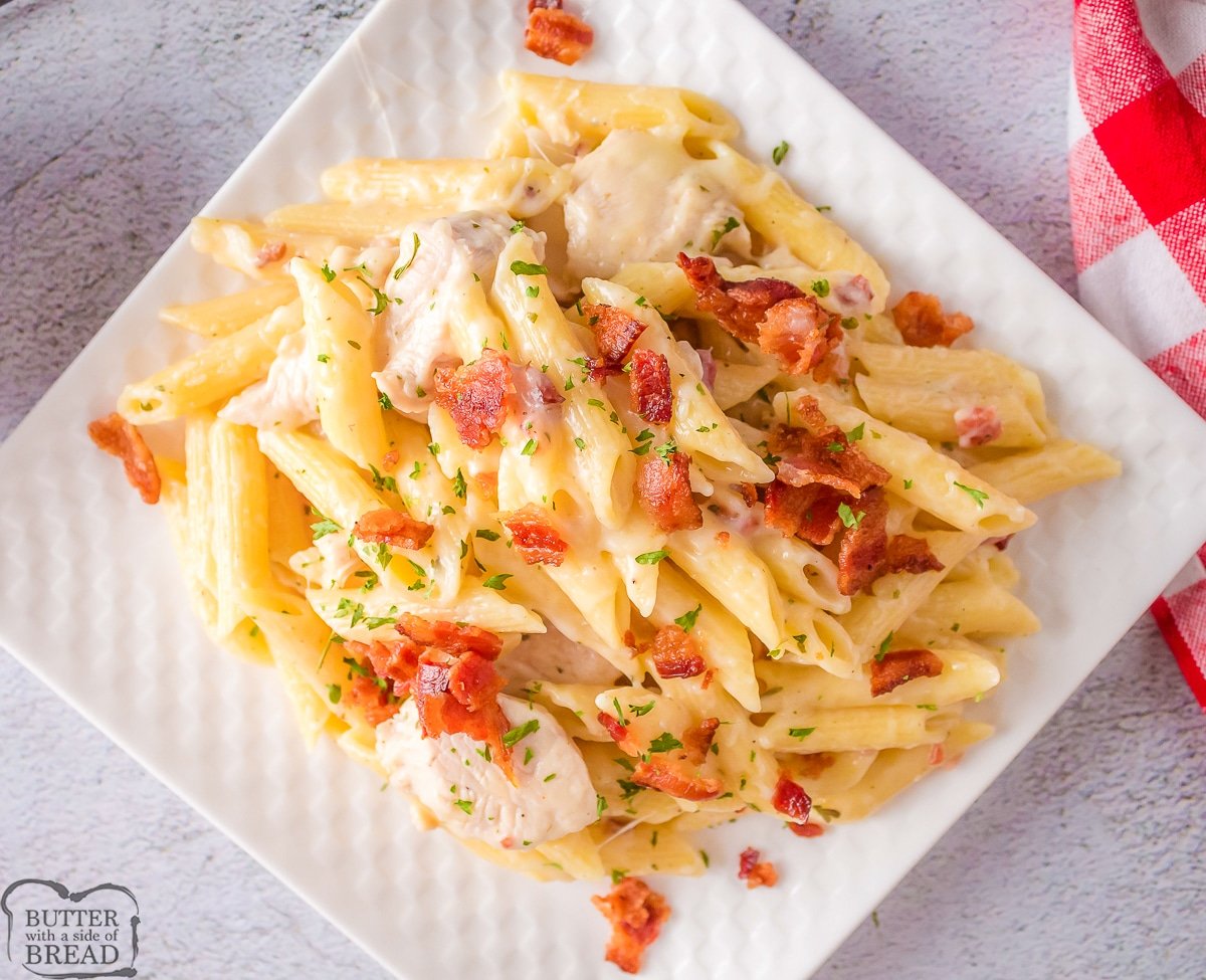 chicken bacon ranch penne pasta on a white plate