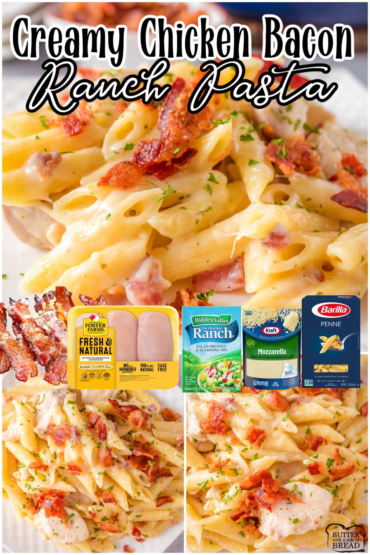 Chicken Bacon Ranch Pasta made with simple ingredients for an easy, flavorful weeknight dinner! Creamy, cheesy chicken pasta with bacon.
