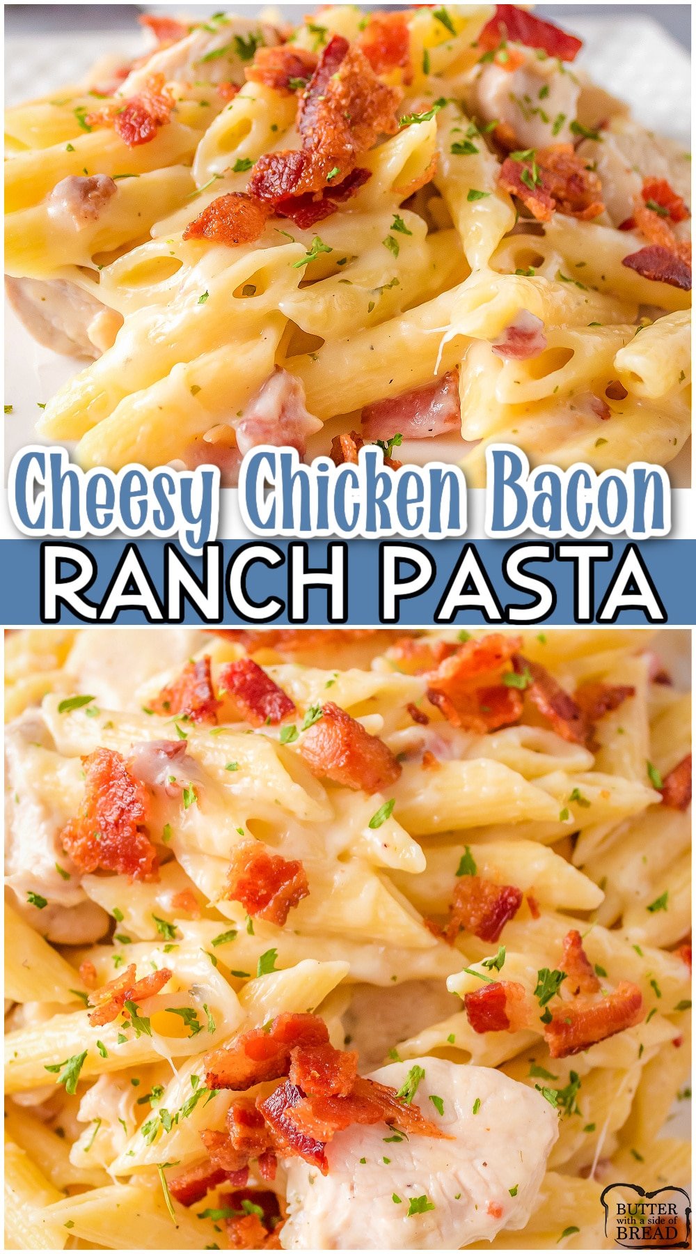 Chicken Bacon Ranch Pasta made with simple ingredients for an easy, flavorful weeknight dinner! Creamy, cheesy chicken pasta with bacon.