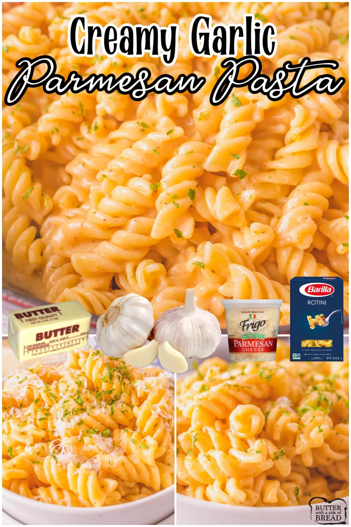 Creamy Garlic Parmesan Pasta made with Parmesan, garlic, butter, broth & simple seasonings for an easy, flavorful pasta dinner. This creamy parmesan pasta sauce is made from scratch and has the wonderful flavors of cheese and garlic in every bite.