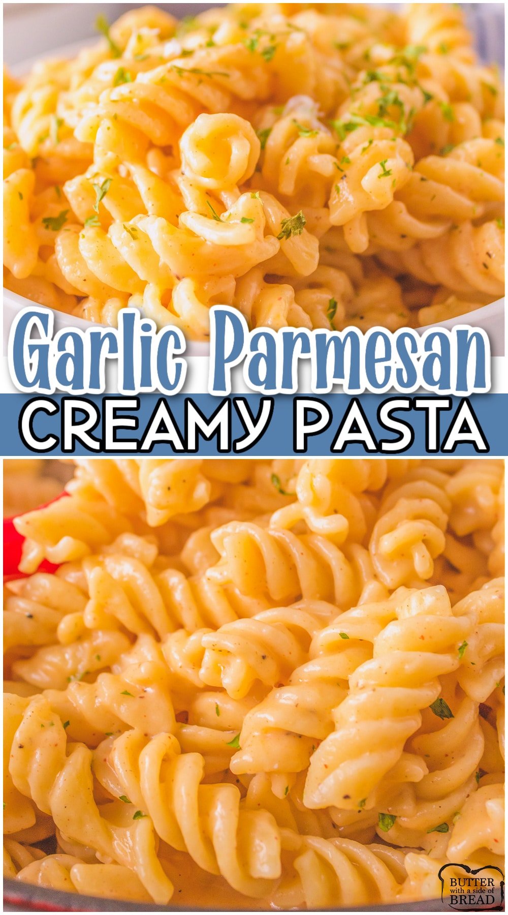 Creamy Garlic Parmesan Pasta made with Parmesan, garlic, butter, broth & simple seasonings for an easy, flavorful pasta dinner. This creamy parmesan pasta sauce is made from scratch and has the wonderful flavors of cheese and garlic in every bite.