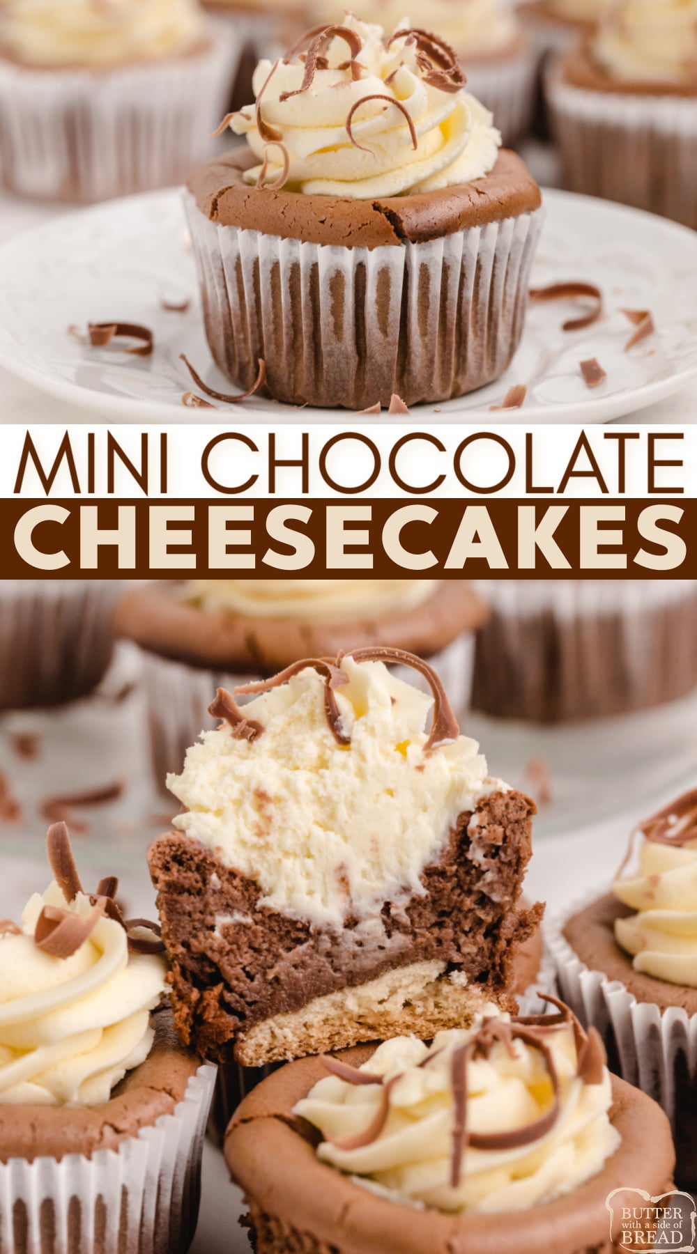 Mini Chocolate Cheesecakes made with a rich chocolate cheesecake filling and a vanilla wafer cookie crust. Simple cheesecake recipe perfectly portioned and easy to serve!  
