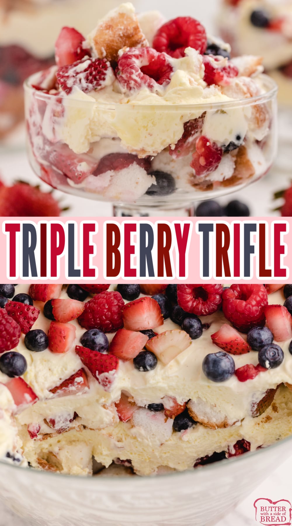 Triple Berry Trifle is a delicious no bake dessert made with whipping cream, vanilla pudding mix, angel food cake and three types of berries. Easy dessert recipe made in just a few minutes!
