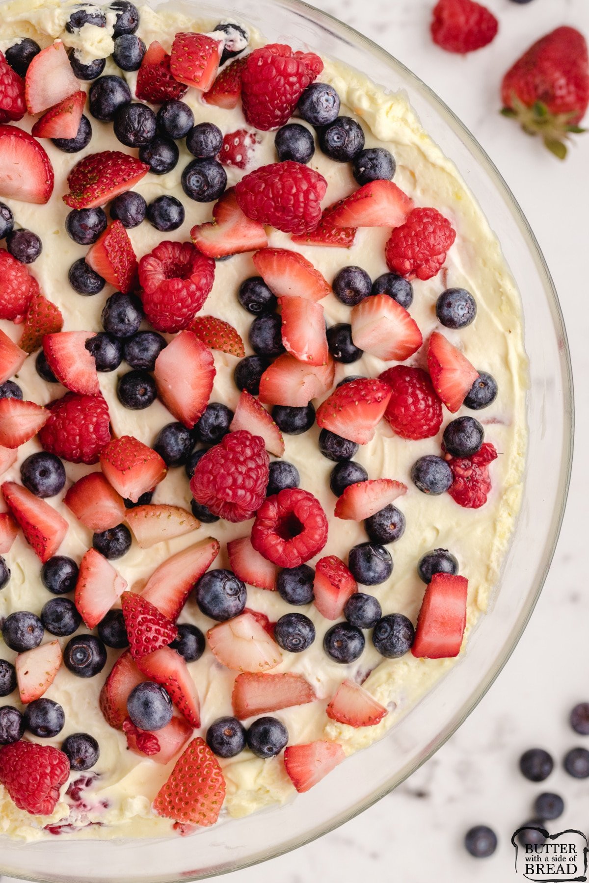 Triple Berry Trifle is a delicious no bake dessert made with whipping cream, vanilla pudding mix, angel food cake and three types of berries. Easy dessert recipe made in just a few minutes! 