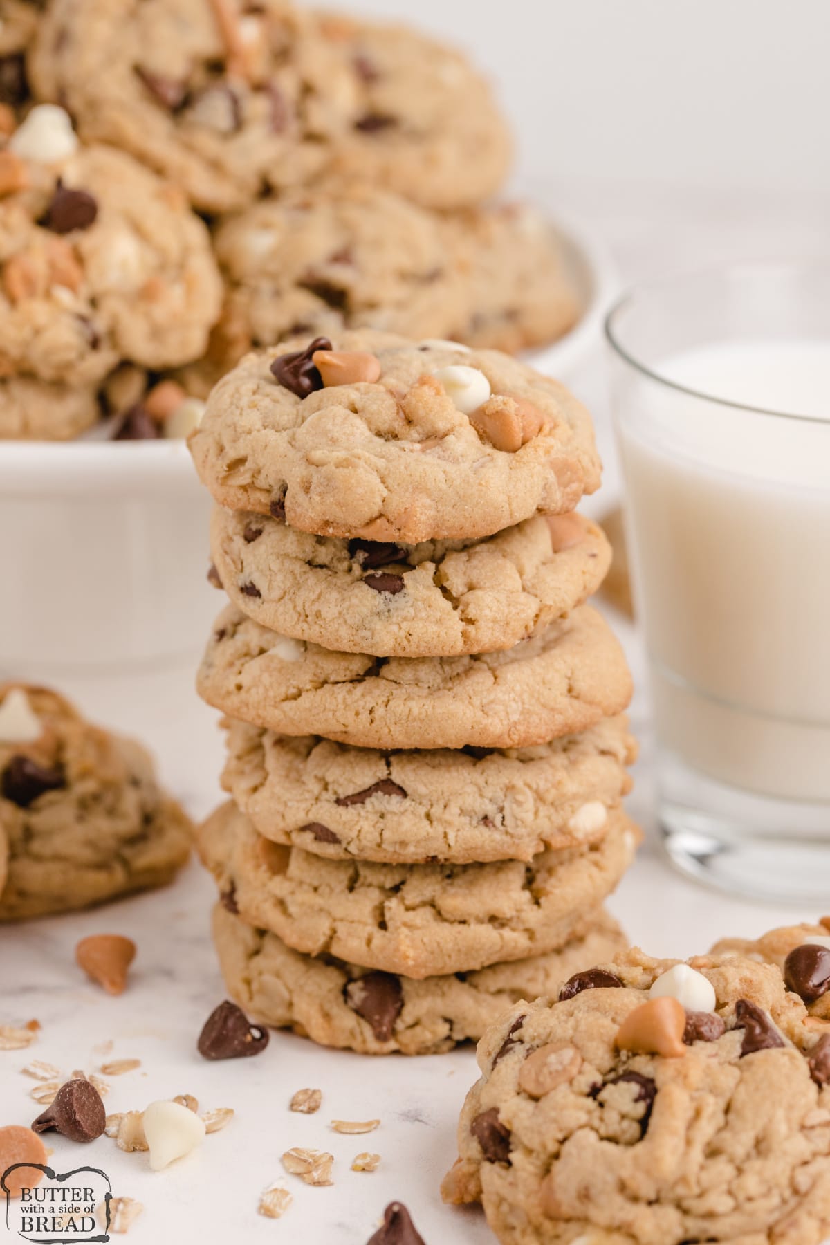 Five Chip Peanut Butter Oatmeal Cookies are filled with five different types of chips! These peanut butter oatmeal cookies are made with semi-sweet, milk chocolate, vanilla, peanut butter and butterscotch chips. 