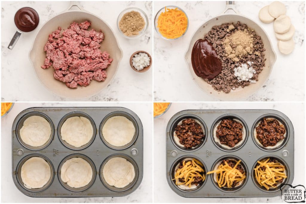 Step by step instructions on how to make BBQ Beef Biscuit Cups