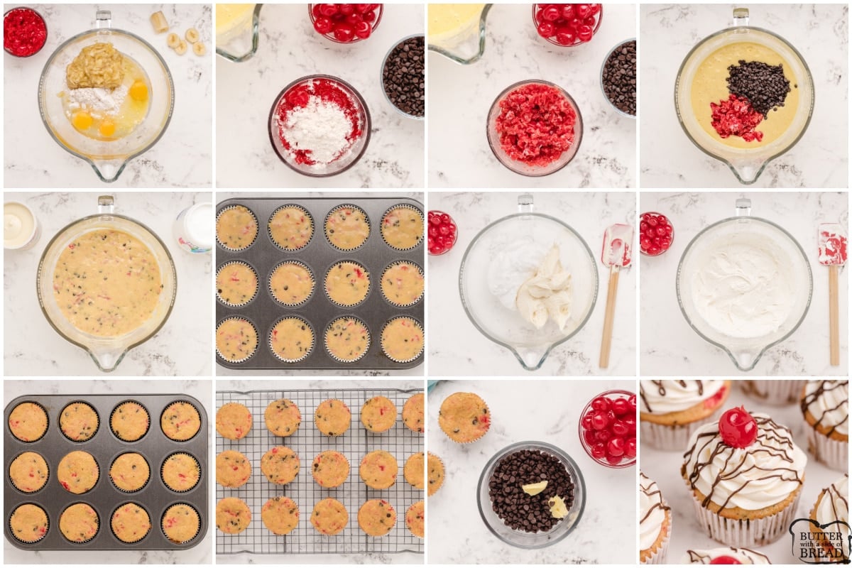 Step by step instructions on how to make Banana Split Cupcakes