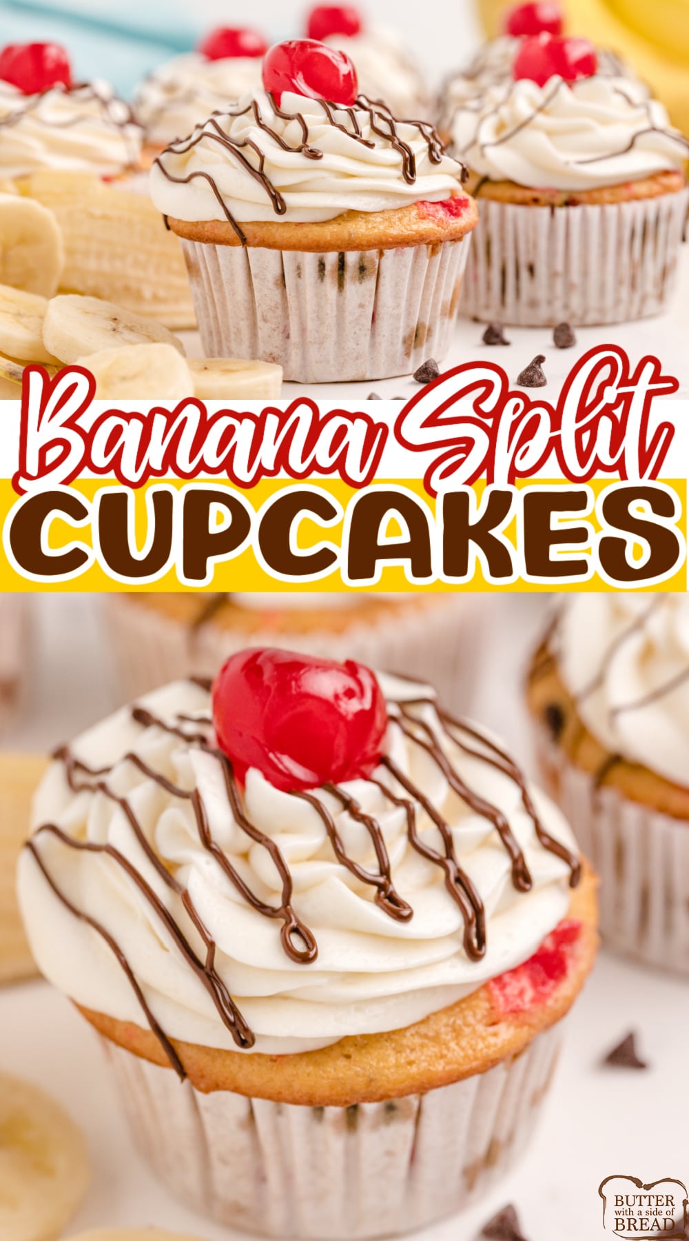 Banana Split Cupcakes start with cake mix and have all the flavors of your favorite banana split dessert! Made with bananas, cherries, chocolate chips and marshmallow cream for a simple cupcake recipe that tastes amazing! 