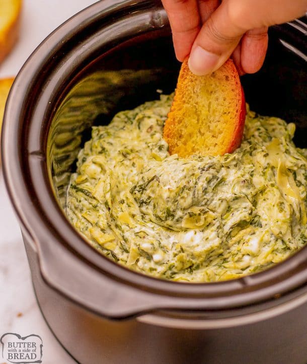 CROCKPOT SPINACH ARTICHOKE DIP Butter with a Side of Bread