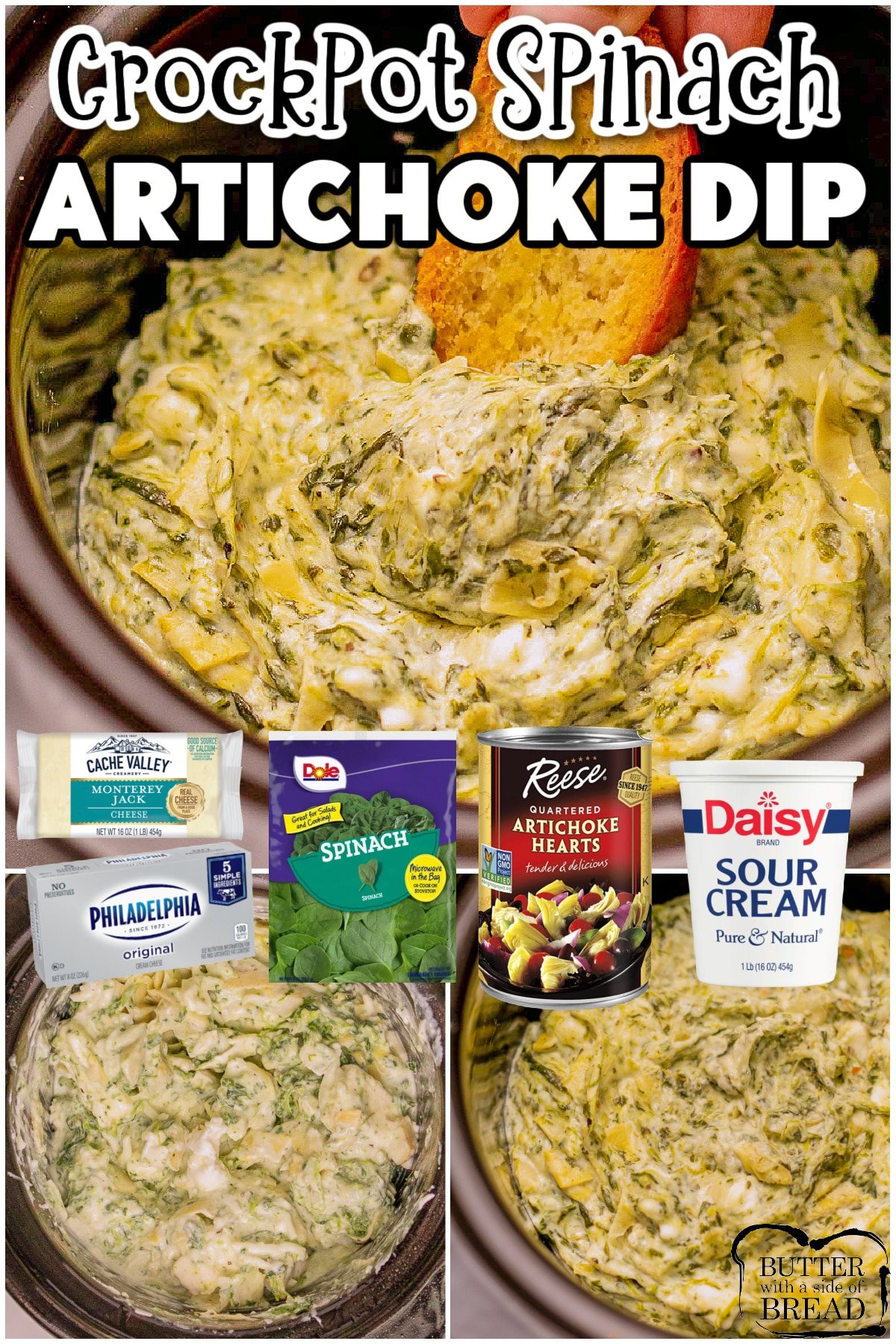 Crockpot Artichoke Spinach Dip is a delicious appetizer that can be prepped in minutes flat! This easy spinach artichoke dip in the crock pot is packed with cheese, artichoke, spinach and flavorful seasonings! 
