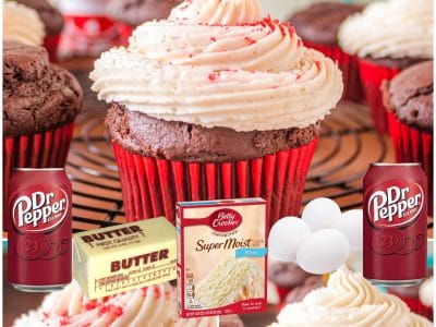 Dr. Pepper Cupcakes are deliciously rich & chocolatey, topped with a homemade Dr.Pepper buttercream frosting! These soda cupcakes are moist & perfect for Dr. Pepper lovers!