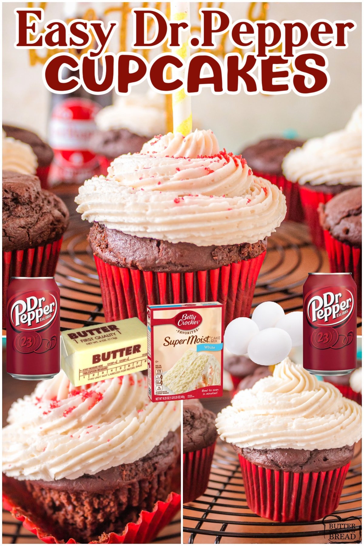 Dr. Pepper Cupcakes are deliciously rich & chocolatey, topped with a homemade Dr.Pepper buttercream frosting! These soda cupcakes are moist & perfect for Dr. Pepper lovers!