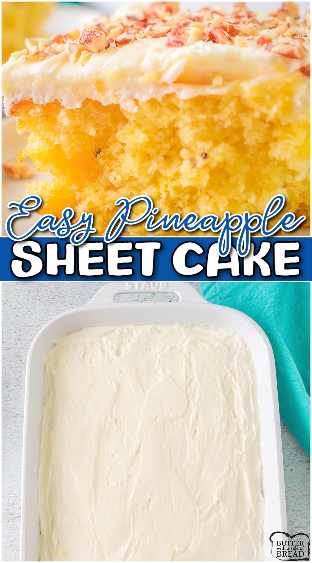 Pineapple Sheet Cake is a delightful tropical dessert that is perfect for pineapple lovers! This sheet cake is made with cake mix, pineapple, pudding mix & is topped with delicious cream cheese frosting. 