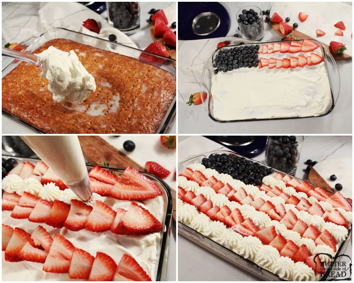 whipped cream and berries on top of a tres leches flag cake