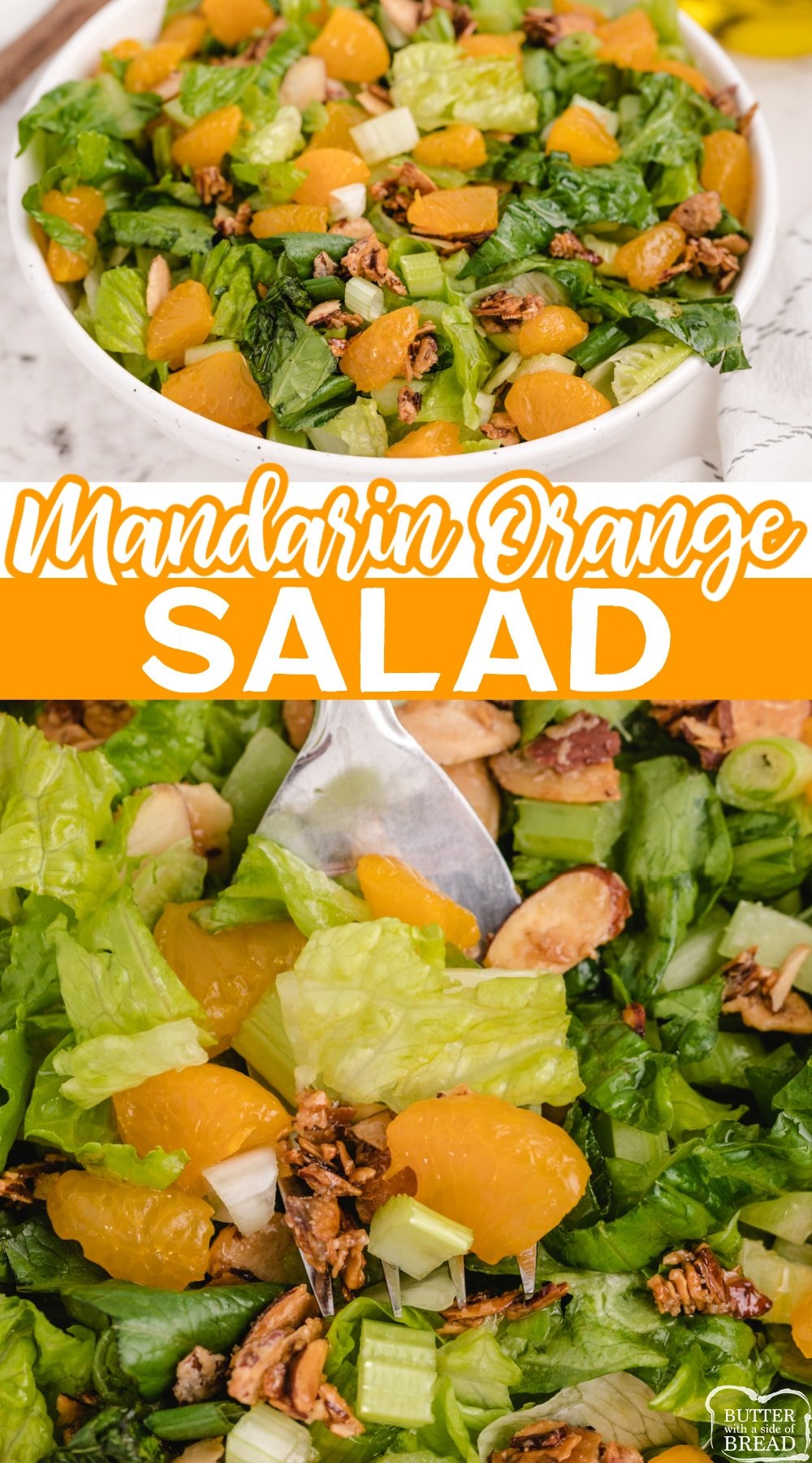 Mandarin Orange Salad made with lettuce, sugared almonds, mandarin oranges and a simple, sweet homemade salad dressing. Easy to make and pretty enough to take to a dinner party!