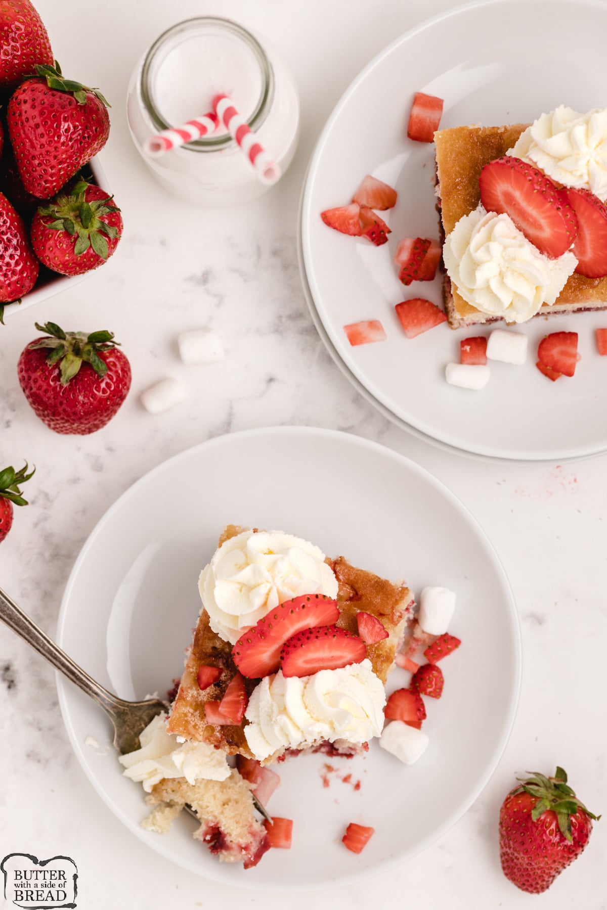 Marshmallow Strawberry Shortcake is made with marshmallows, frozen strawberries and strawberry jello! This simple strawberry shortcake recipe is made completely from scratch and the strawberries are baked right into it.