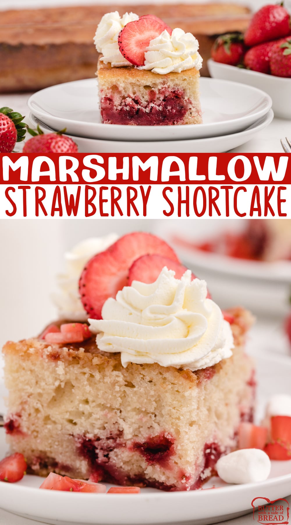 Marshmallow Strawberry Shortcake is made with marshmallows, frozen strawberries and strawberry jello! This simple strawberry shortcake recipe is made completely from scratch and the strawberries are baked right into it.