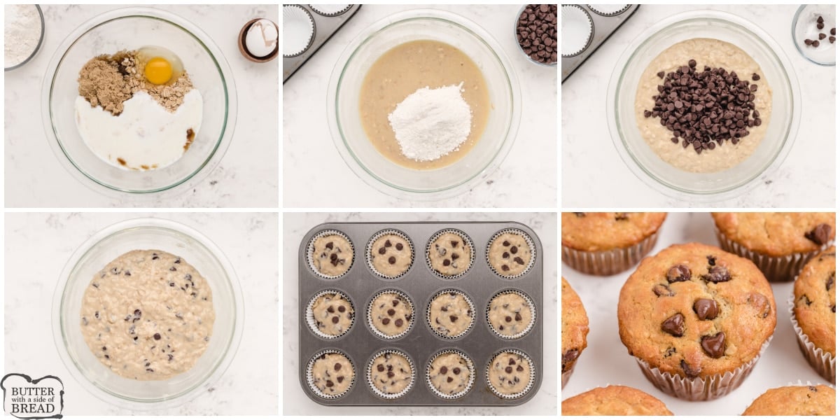Step by step instructions on how to make Oatmeal Chocolate Chip Muffins