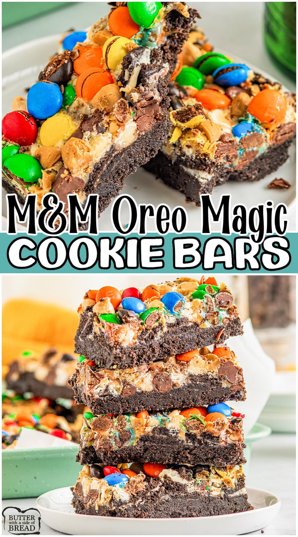 Oreo Magic Cookie Bars are loaded with Oreos, M&Ms, butterscotch chips & chocolate! These 7 layer cookie bars made with Oreos and M&M's for a fun twist on a classic dessert! 