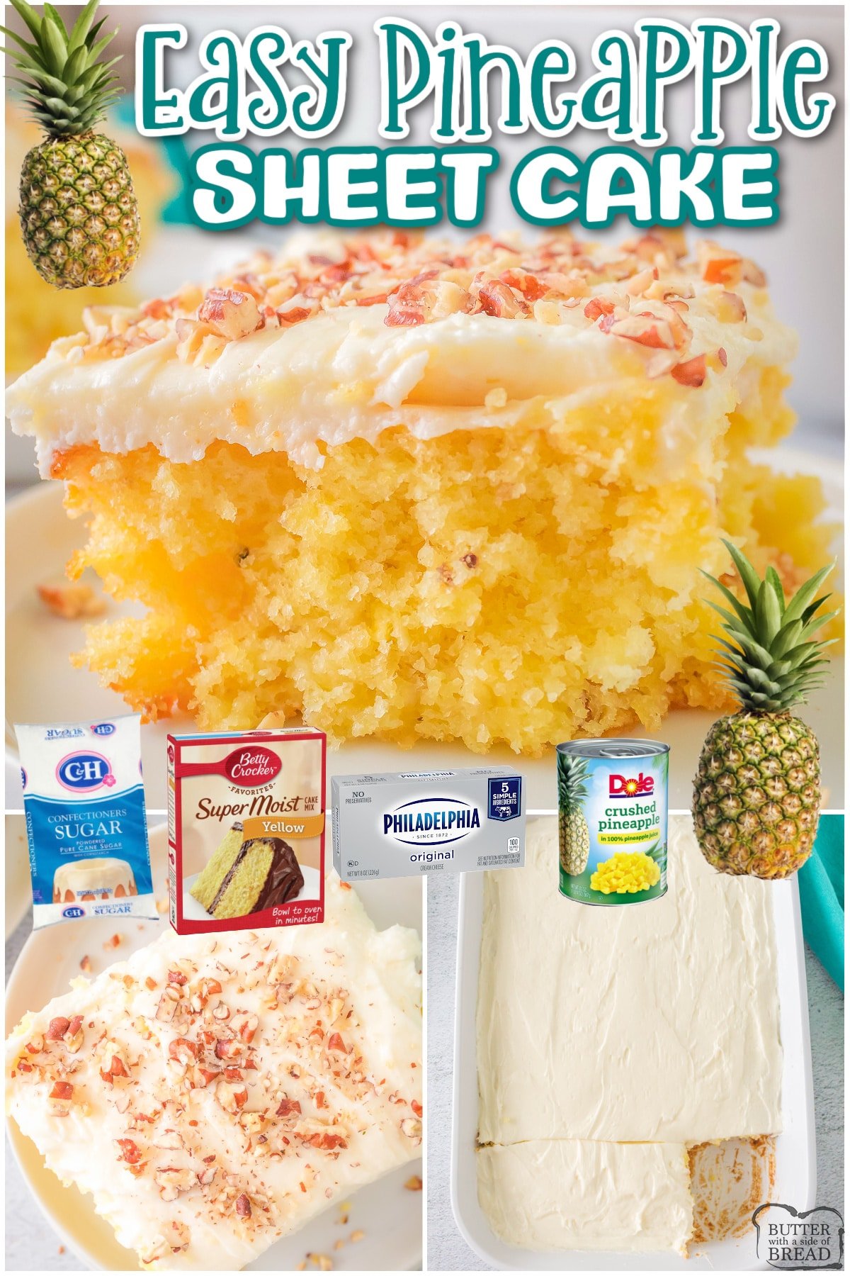 Pineapple Sheet Cake is a delightful tropical dessert that is perfect for pineapple lovers! This sheet cake is made with cake mix, pineapple, pudding mix & is topped with delicious cream cheese frosting. 