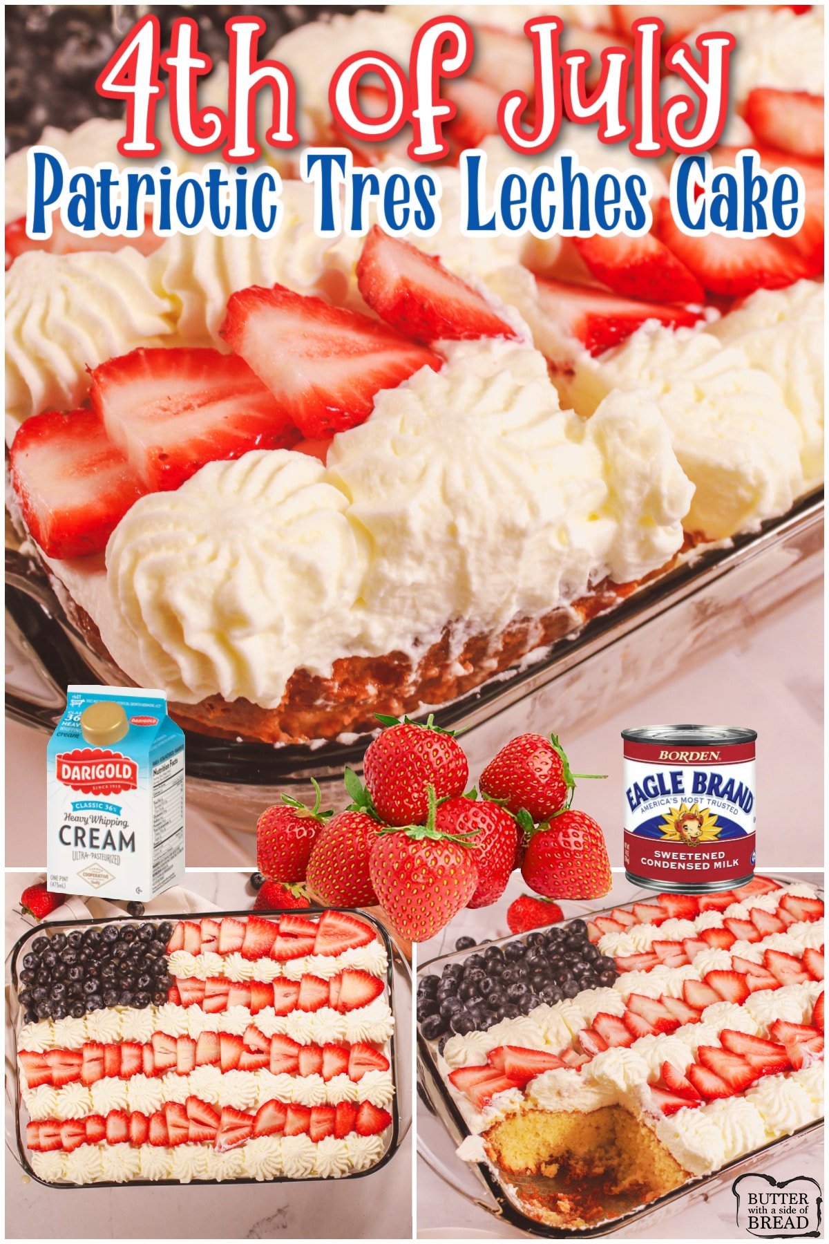 Strawberry Tres Leches Cake is made with a boxed cake mix, a 3 milk syrup & topped with whipped cream and fresh berries! This tres leches cake recipe is a simple way to create a traditional, festive dessert!