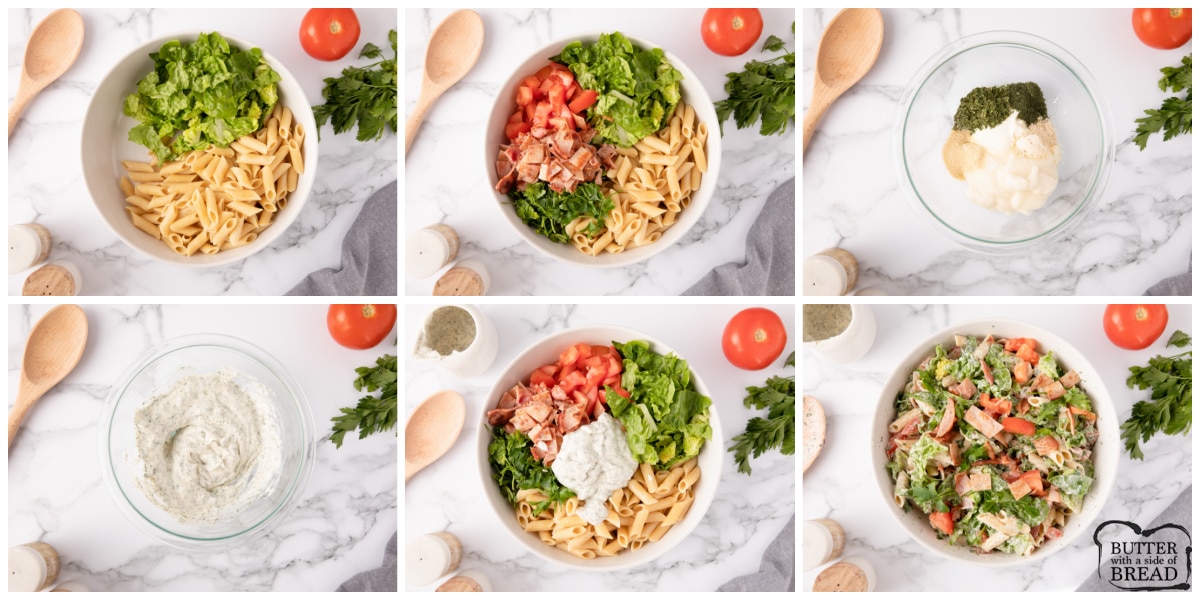 Step by step instructions on how to make BLT Pasta Salad