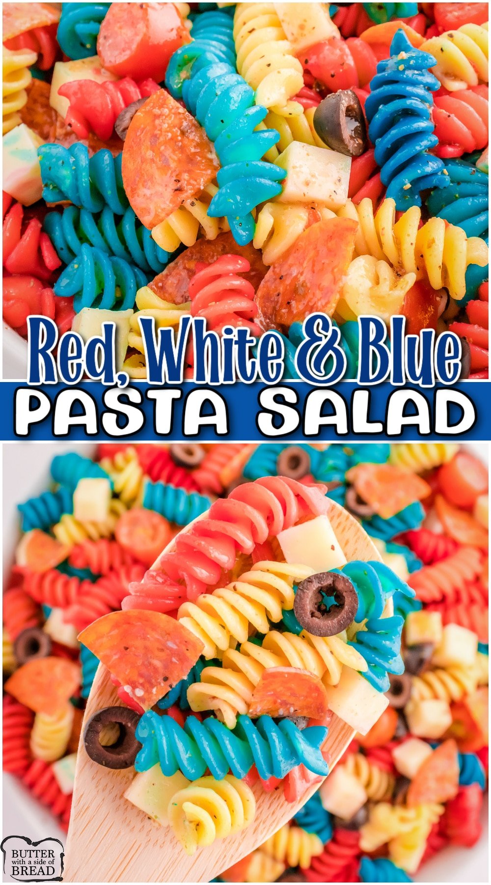 Red, White and Blue Pasta Salad made with pasta, mozzarella cheese, pepperoni, tomatoes & your favorite Italian dressing! Fun & festive patriotic salad perfect for 4th of July! 