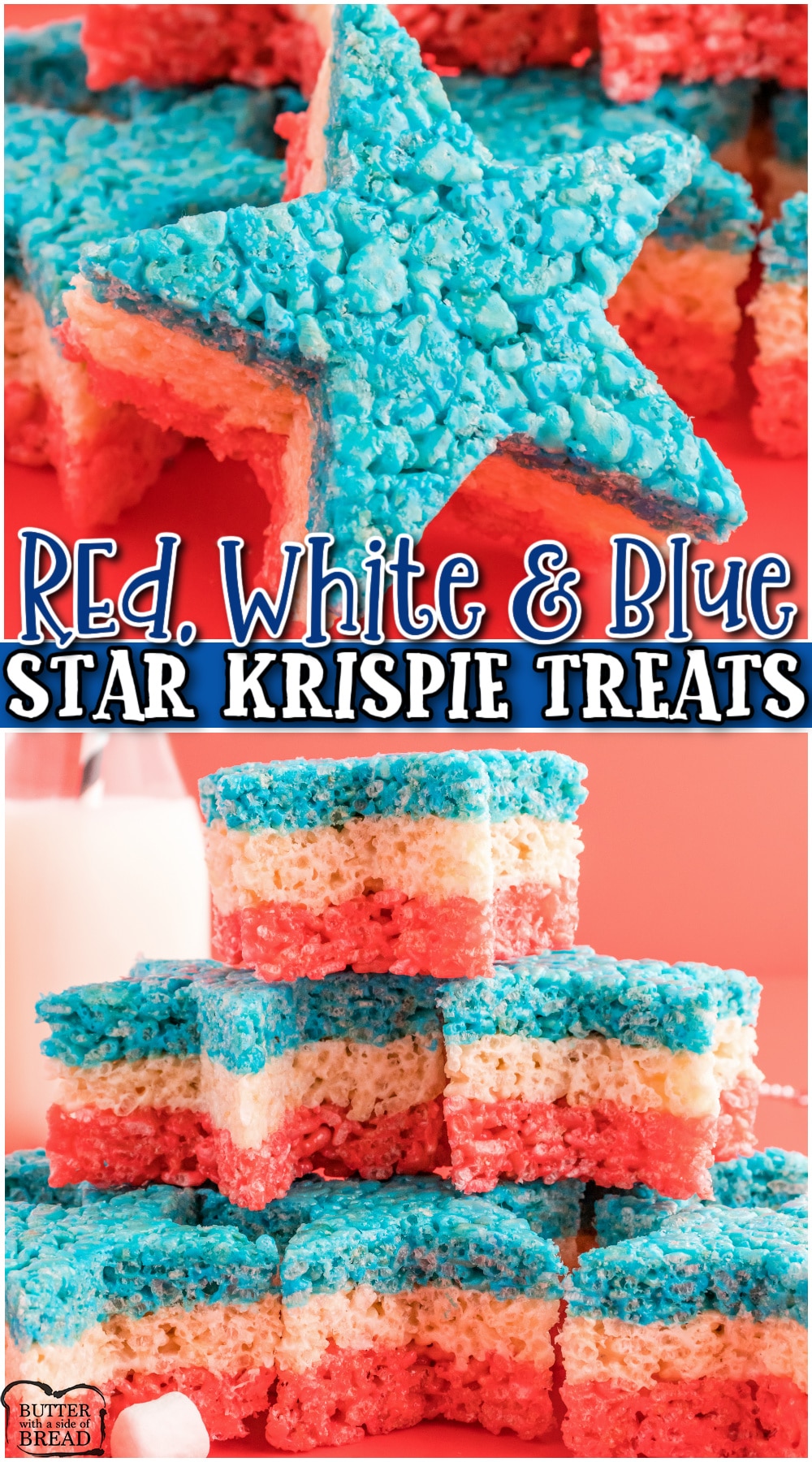 Red, White and Blue Star Krispie Treats are fun & festive marshmallow treats made into stars! Celebrate 4th of July with these delightful patriotic rice krispie treats! 
