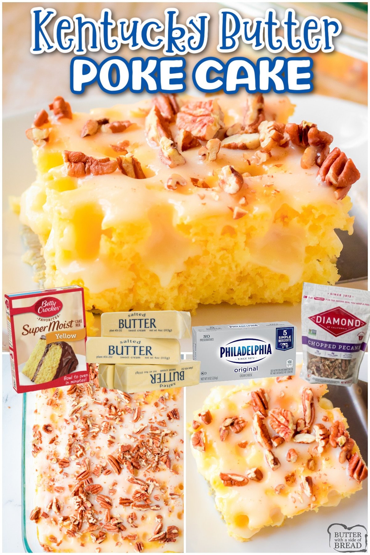 Kentucky Butter Poke Cake is a delightful twist on a classic butter pecan pound cake! Buttermilk & cream cheese star in this rich, flavorful butter poke cake topped with toasted pecans.