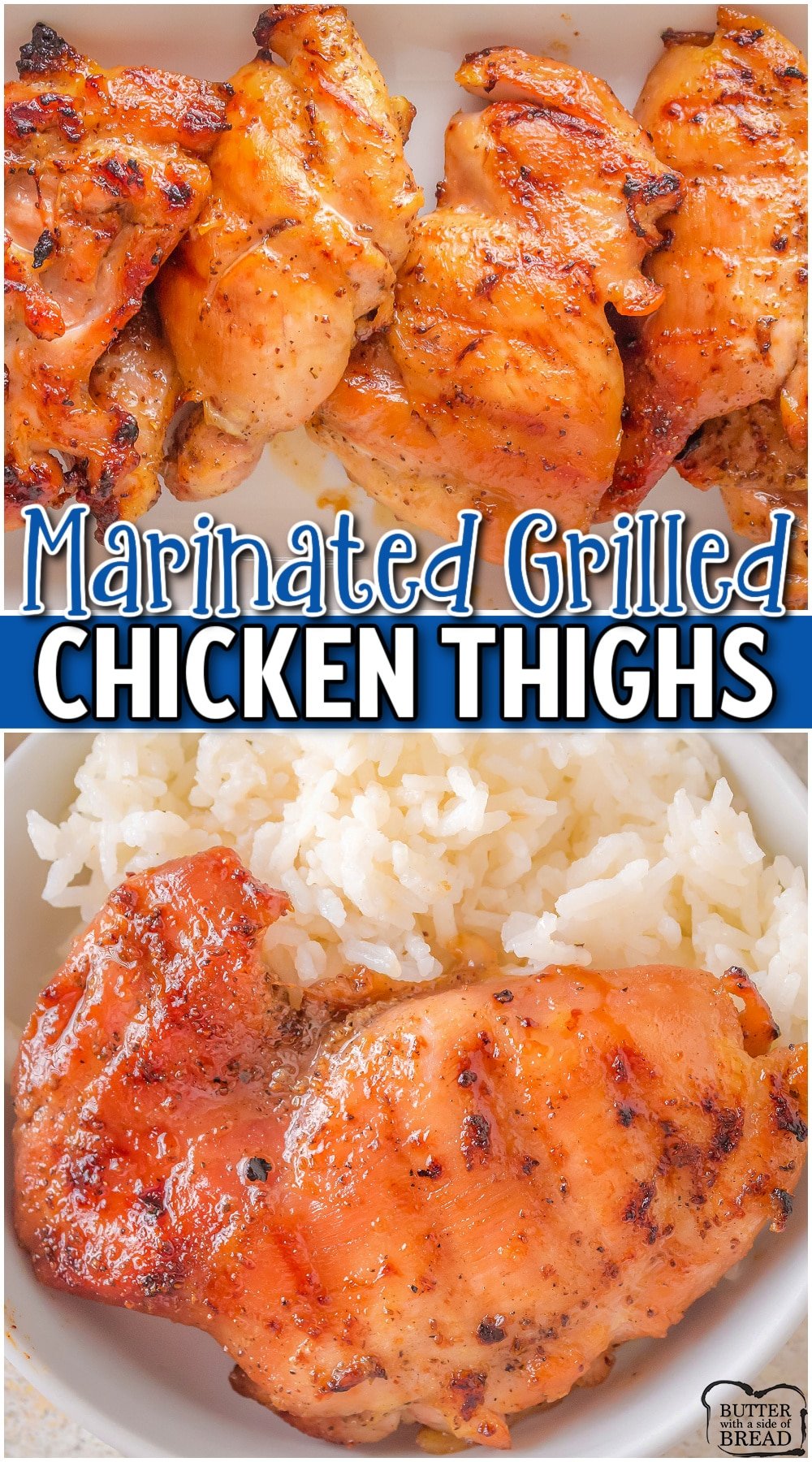 Marinated Grilled Chicken Thighs are perfect for summertime grilling! BBQ boneless chicken thighs  made with simple ingredients like garlic, brown sugar & soy sauce for fantastic juicy flavor!