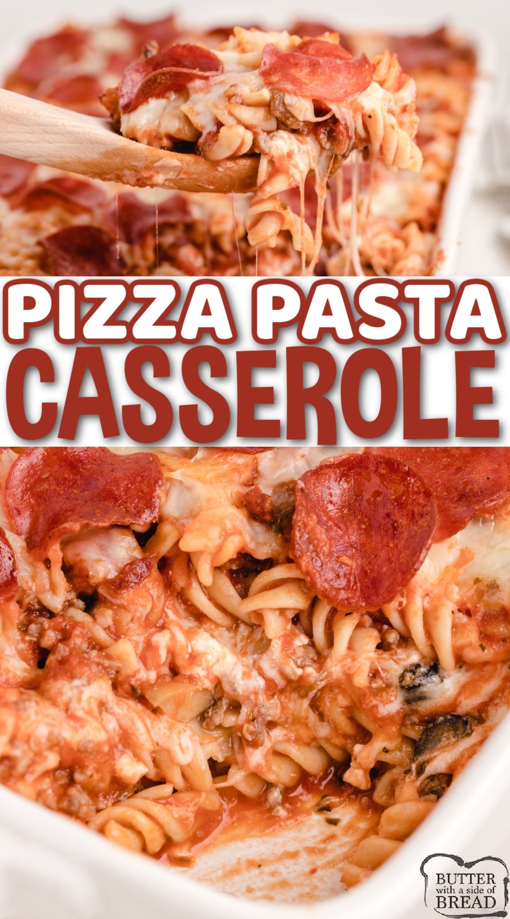 Pizza Pasta Casserole is a dinner recipe that the whole family will love! Simple baked pasta recipe made with rotini, Italian sausage, pepperoni, spaghetti sauce, veggies and cheese. 