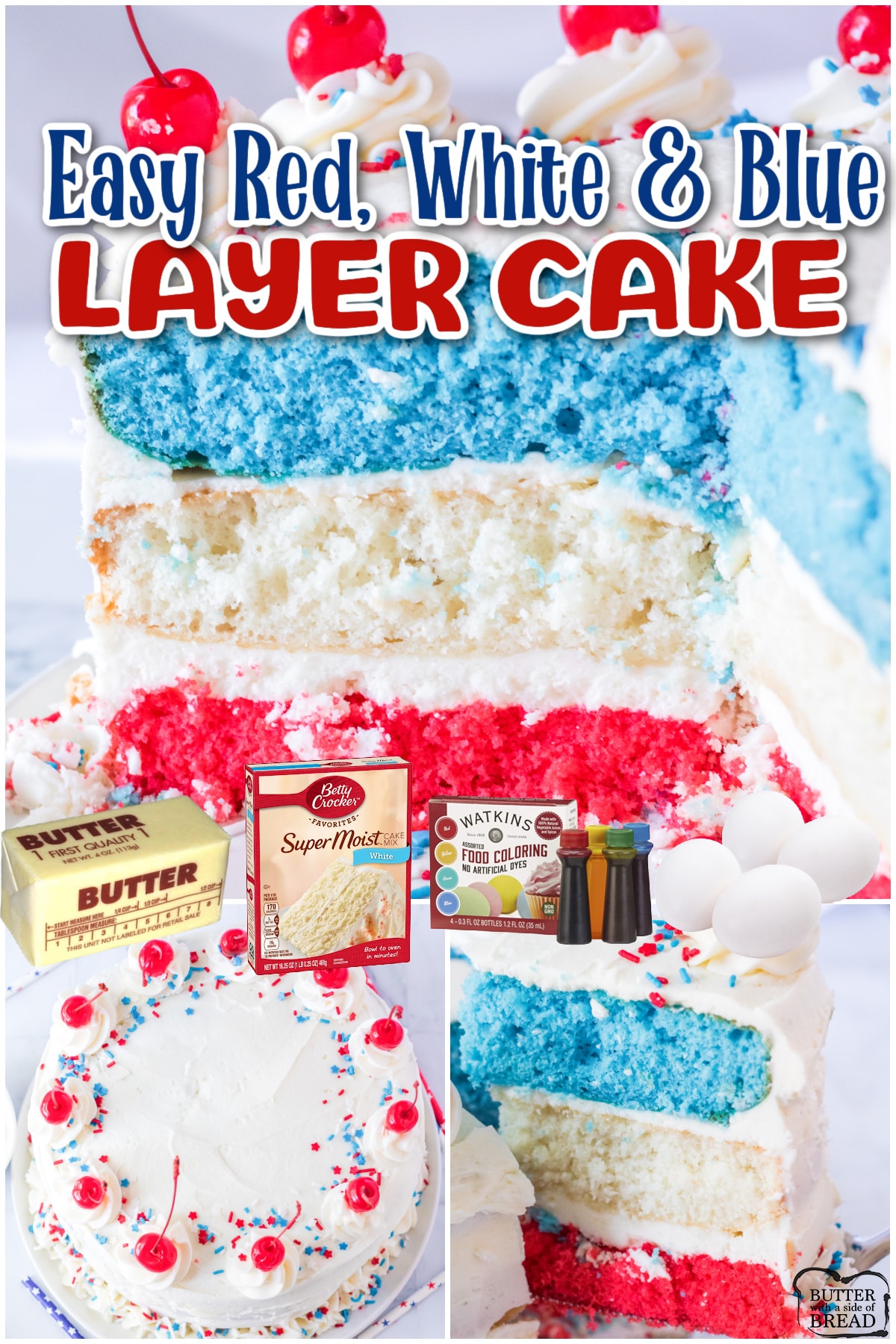 Our festive red, white & blue cake is a patriotic cake perfect for the 4th! Easy, showstopper red, white and blue cake recipe that uses cake mix! 
