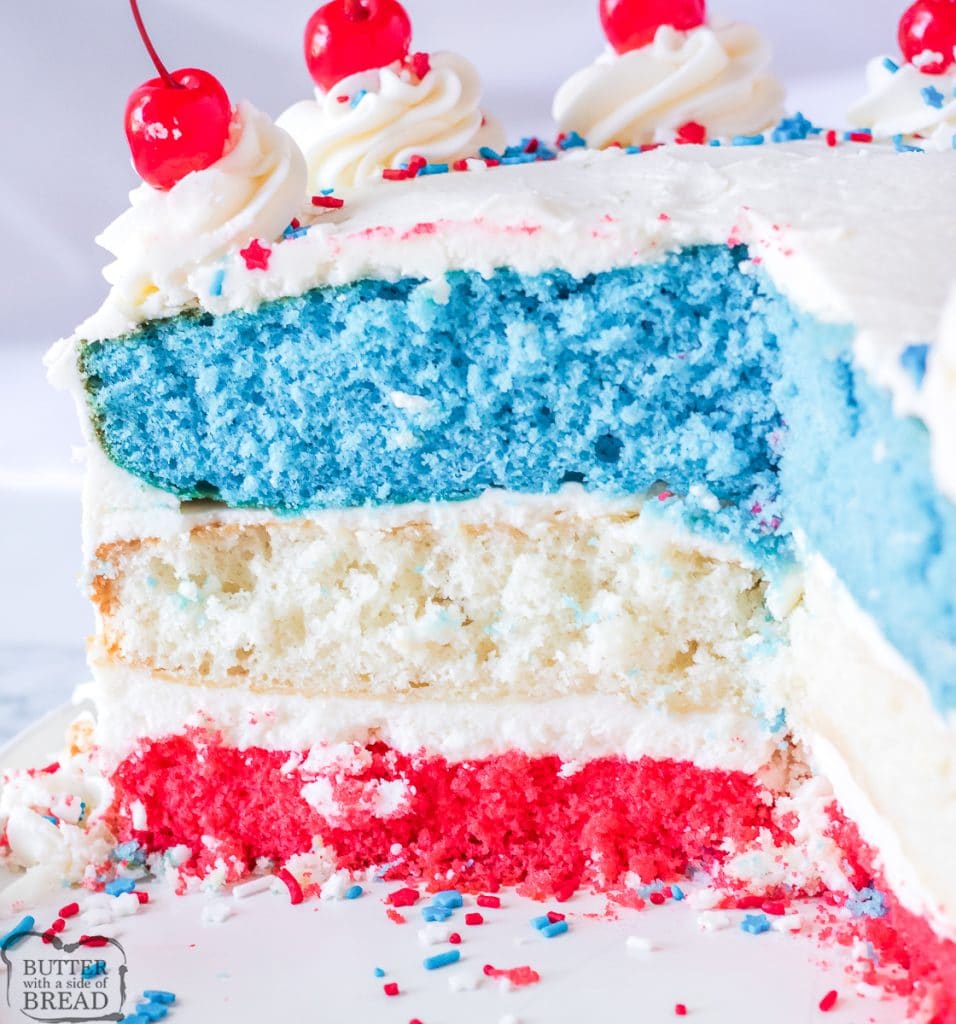 red, white and blue cake inside