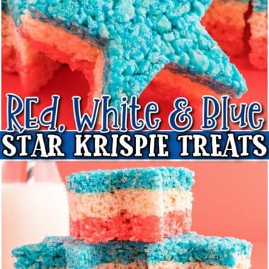 Red, White and Blue Star Krispie Treats are fun & festive marshmallow treats made into stars! Celebrate 4th of July with these delightful patriotic rice krispie treats!