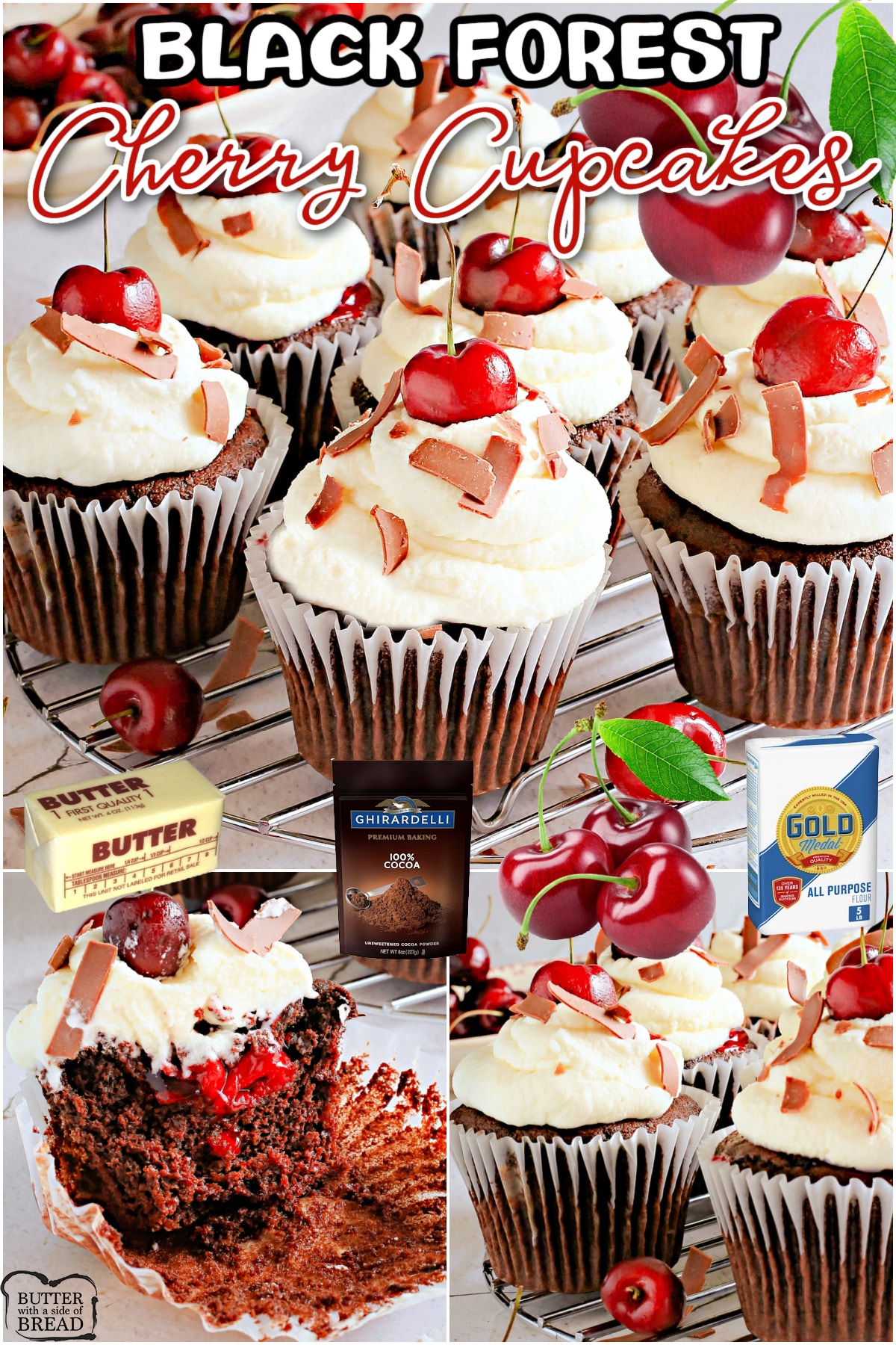 Black Forest Cupcakes with homemade chocolate cake, sensational cherry filling & topped with fresh sweet cream! Our from-scratch cherry cupcake recipe is guaranteed to be a delight! 