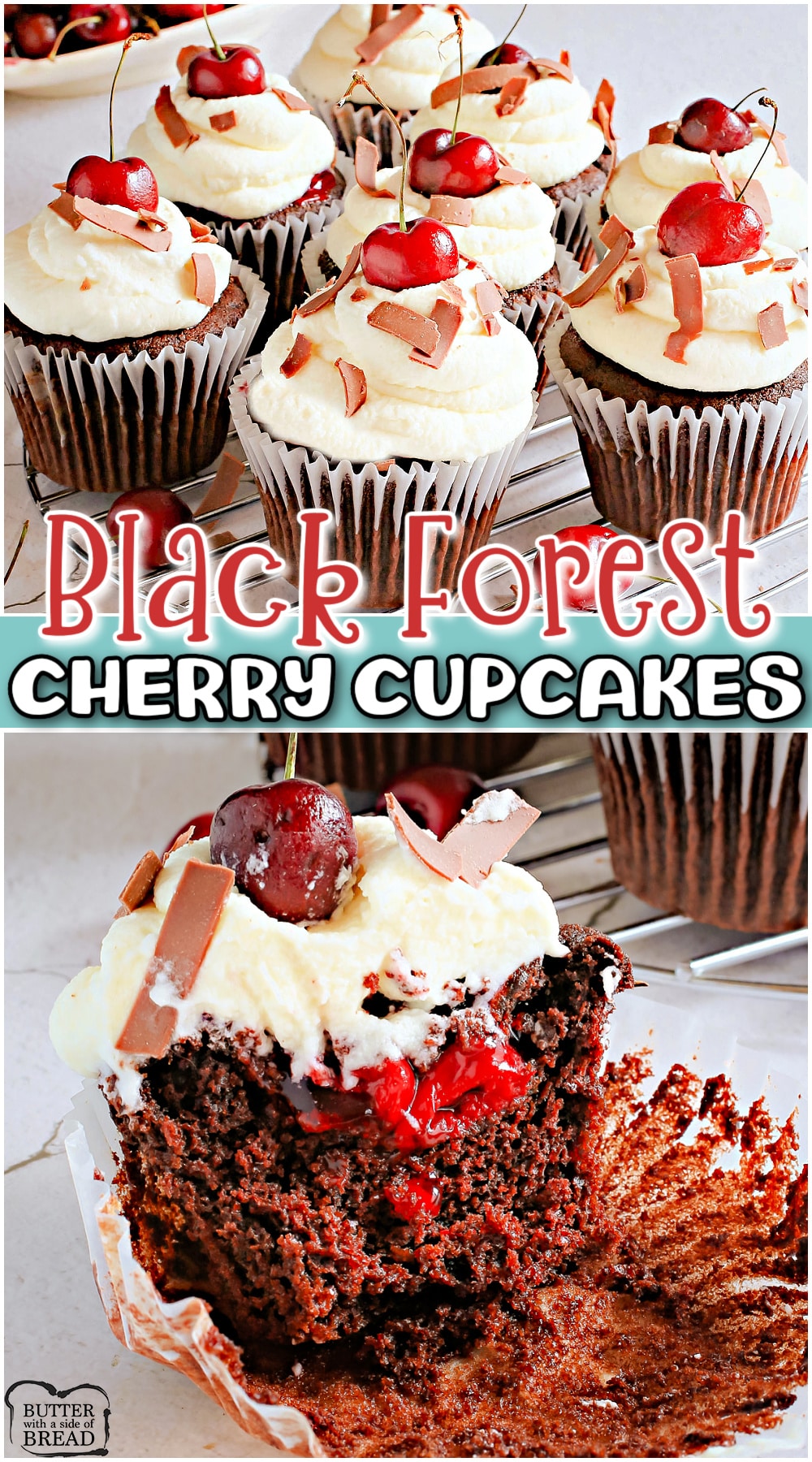 Black Forest Cupcakes with homemade chocolate cake, sensational cherry filling & topped with fresh sweet cream! Our from-scratch cherry cupcake recipe is guaranteed to be a delight!