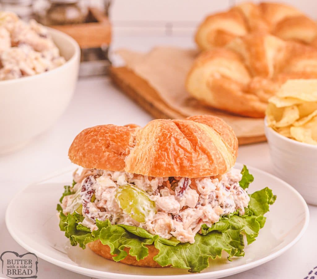 serving chicken salad on a croissant