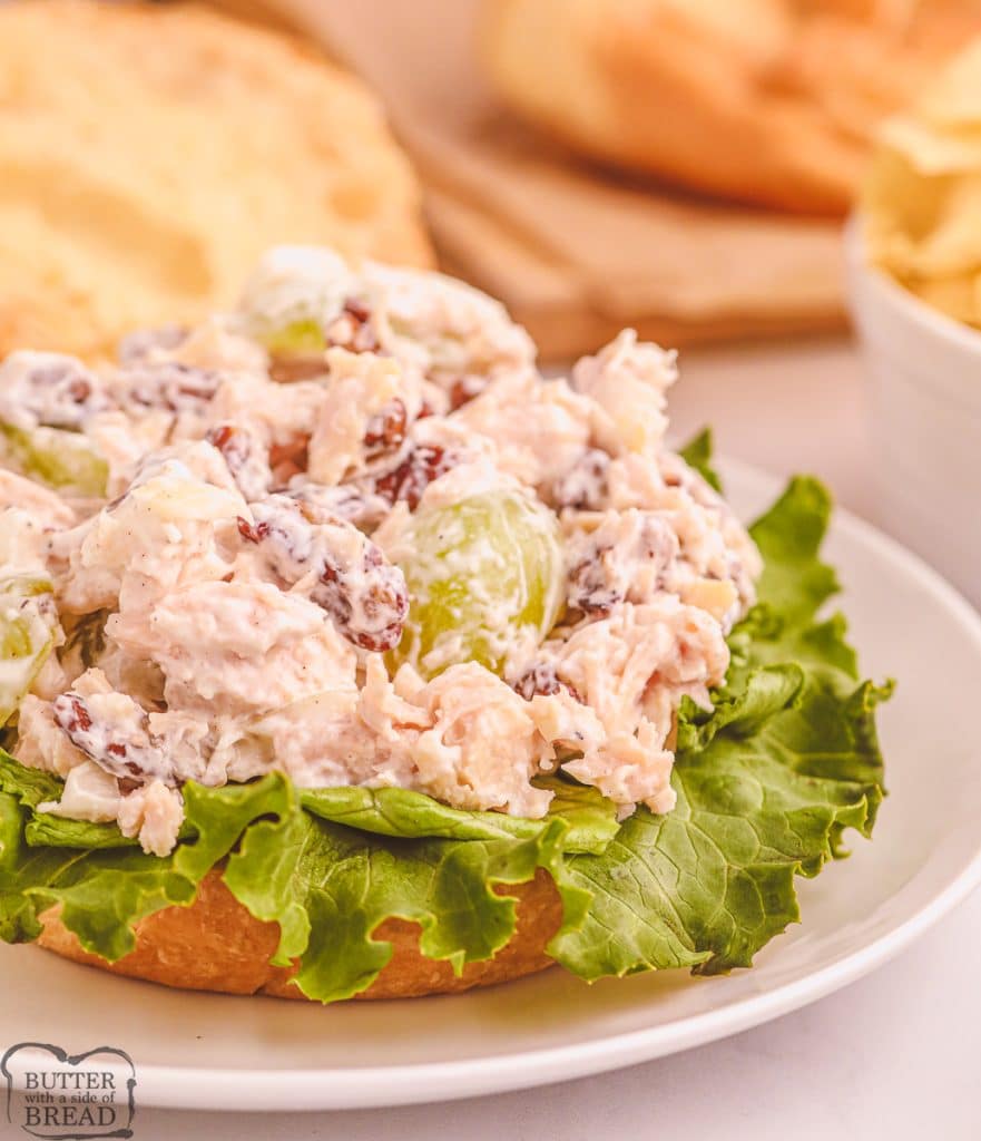chicken salad with grapes and pecans on a croissant
