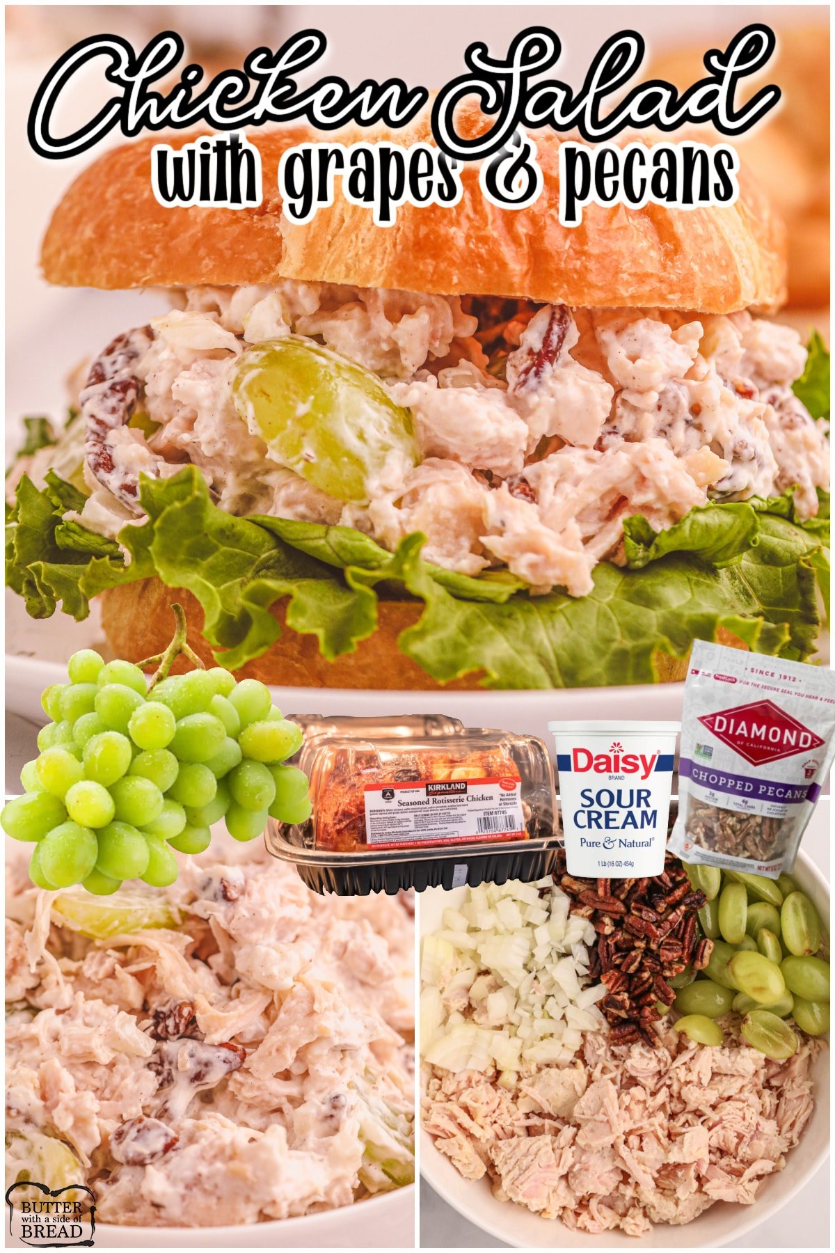 Chicken Salad with Grapes and Pecans is a delicious variation on a classic chicken salad recipe!  Packed with hearty chicken, juicy fruit & an amazing dressing, this chicken salad with nuts is perfect!
