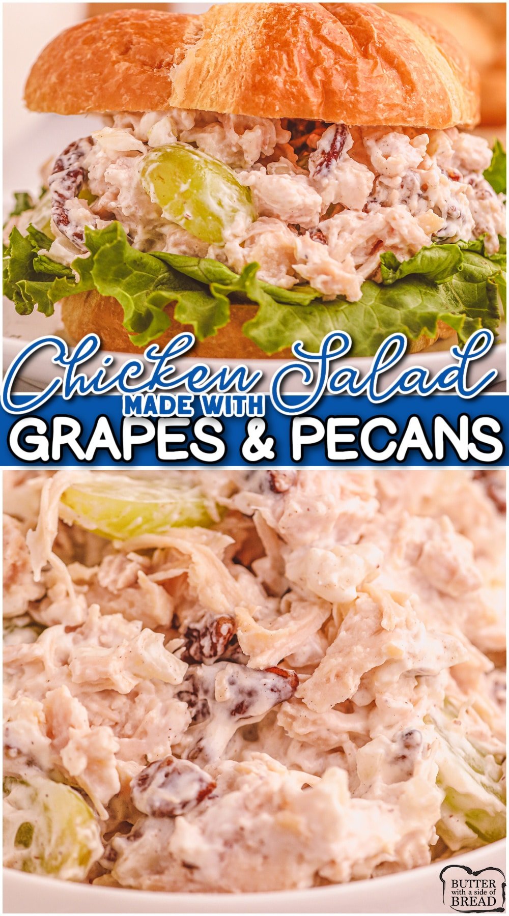 Chicken Salad with Grapes and Pecans is a delicious variation on a classic chicken salad recipe! Packed with hearty chicken, juicy fruit & an amazing dressing, this chicken salad with nuts is perfect!