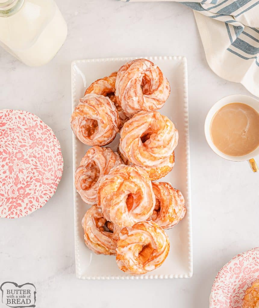 serving tray of glazed Crullers donuts