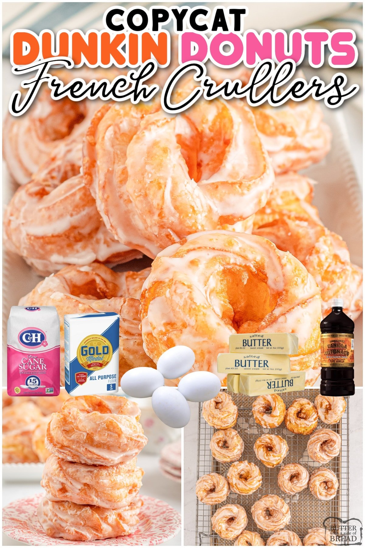 Copycat dunkin donuts crullers recipe made from scratch! Light & crisp on the outside, soft & sweet on the inside, then brushed with an easy vanilla glaze for the best copycat donuts ever!