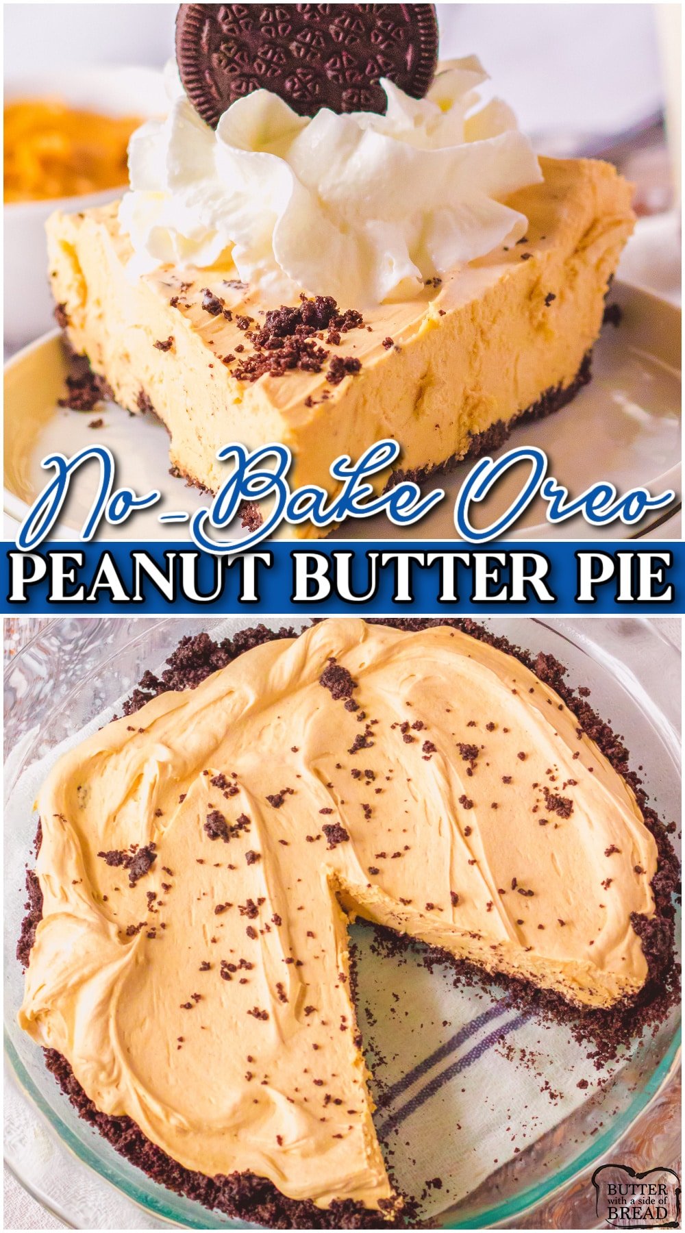 Oreo Peanut Butter Pie is a light & dreamy cream pie perfect for peanut butter lovers! Our peanut butter pie with Oreo crust combines peanut butter, cream cheese & whipped cream into a sensational no-bake dessert!