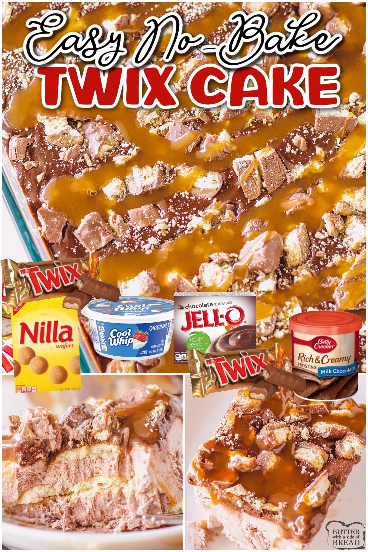 No-Bake Twix Cake is a layered pudding dessert that's perfect for summer! This no-bake cake is packed with chocolate caramel flavors & topped with Twix candy bars!
