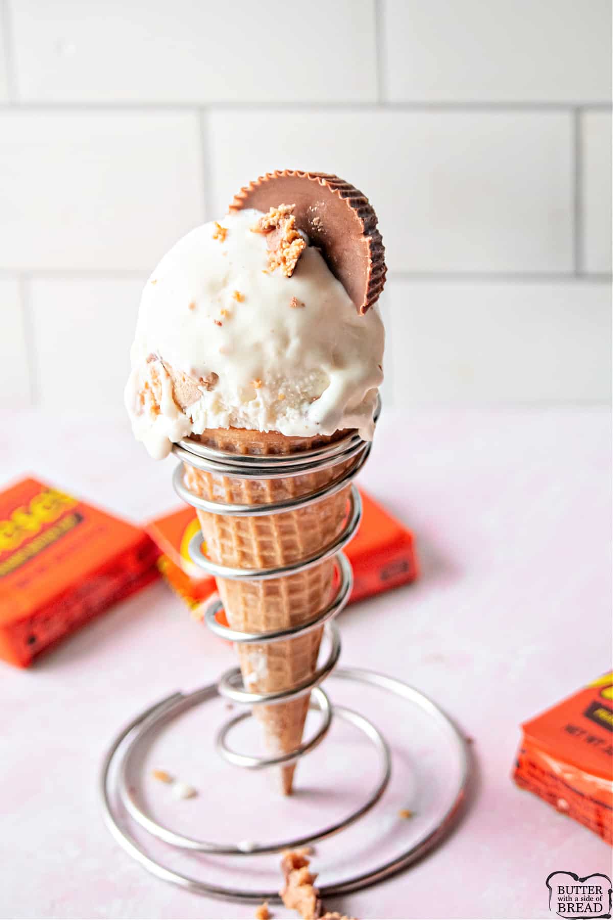 Reese's Peanut Butter Cup Ice Cream is made with only 6 ingredients, no ice cream maker required! Deliciously creamy vanilla ice cream recipe made with Reese's Peanut Butter Cups. 