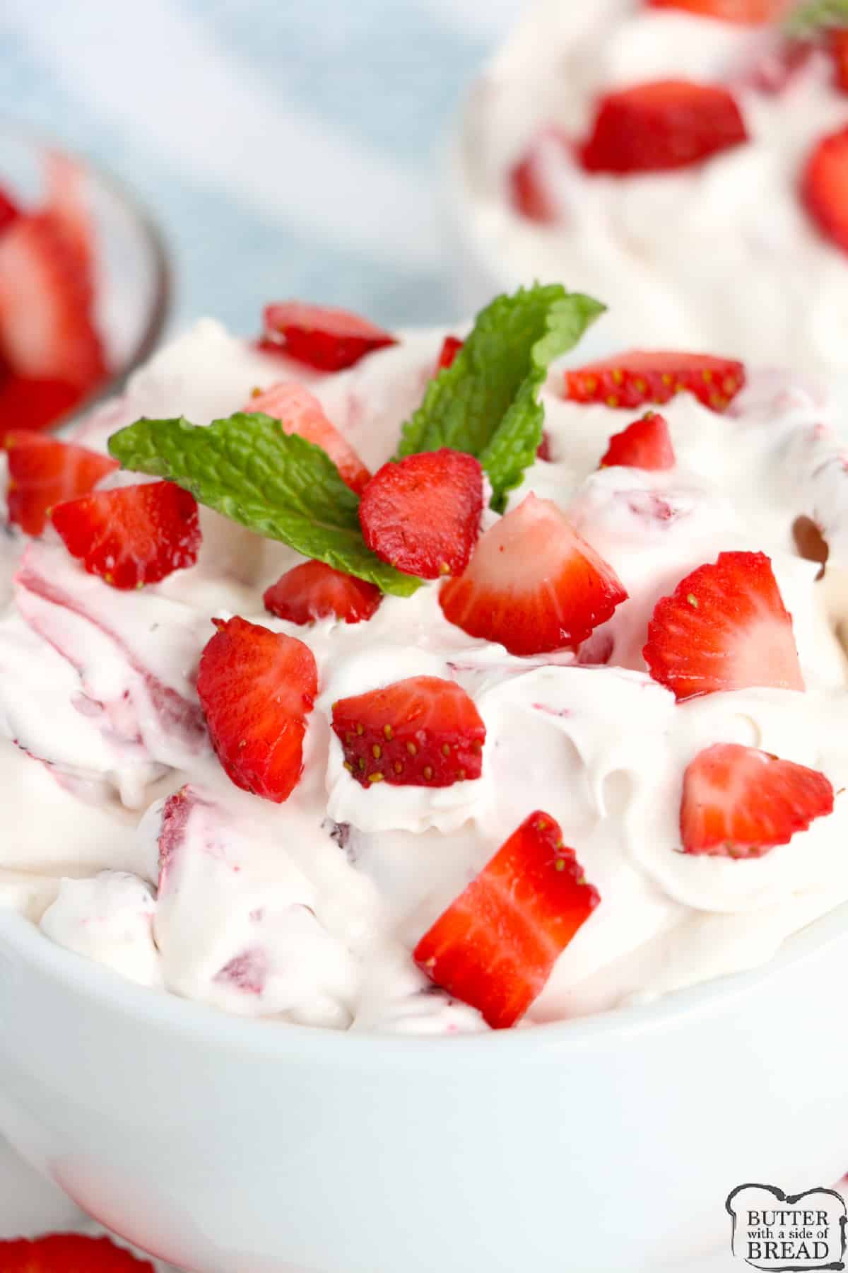 Strawberry Fluff Salad made with just 5 ingredients in less than 5 minutes! Perfectly sweet fluff recipe that can be served as a side dish or a dessert. 
