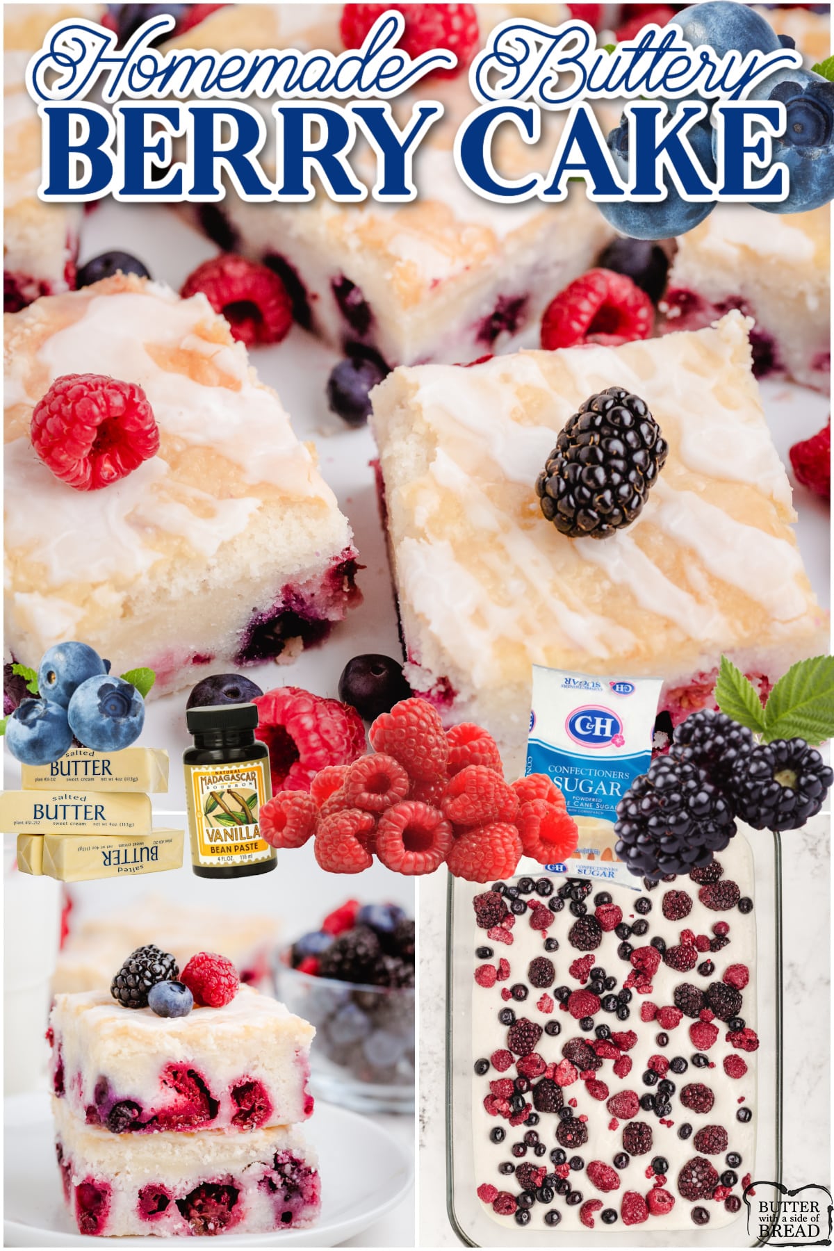 Easy Berry Cake made from scratch with pantry ingredients + fresh berries! Simple berry cake recipe topped with a lovely vanilla almond glaze!