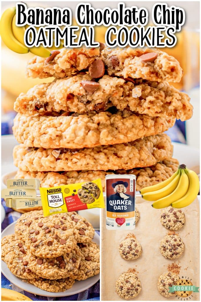 Chocolate Chip Banana Oatmeal Cookies made with ripe bananas, old-fashioned oats & chocolate chips for a loaded breakfast cookie everyone enjoys!